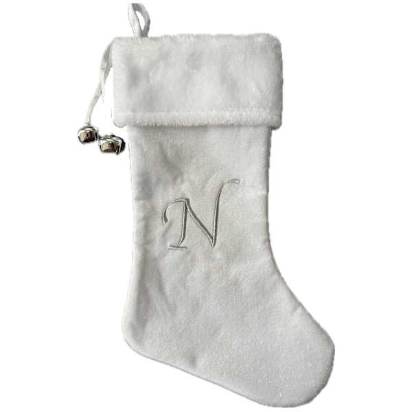 20" White Velvet Monogram Stocking, N