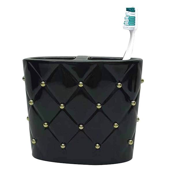 Providence Black & Gold Quilted Ceramic Stud Toothbrush Holder, 4"