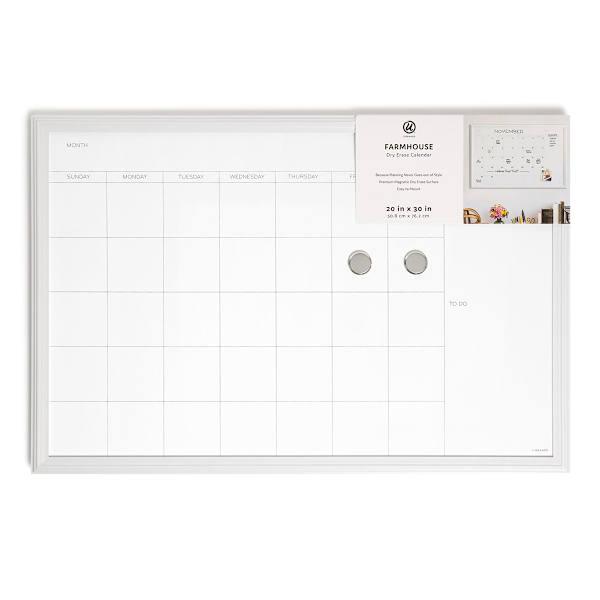 White Wooden Frame Magnetic Monthly Dry Erase Board with To Do Notes, 20x30