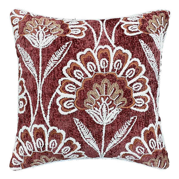 Burgundy Floral Chenille Embroidered Throw Pillow, 18"