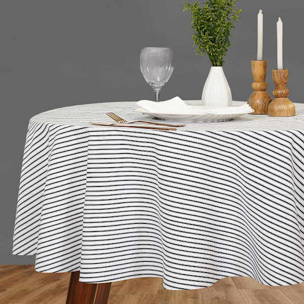 Black & White Striped Print Round Tablecloth, 70"