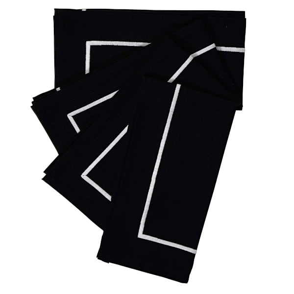 Set of 4 Black with White Embroidery Napkins, 20"