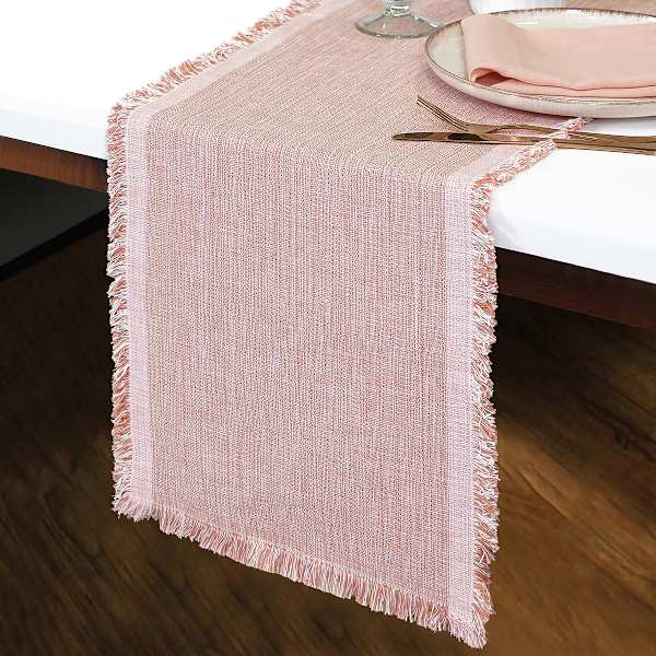Pink & White Yarn Dyed Table Runner With Fringe, 14x72