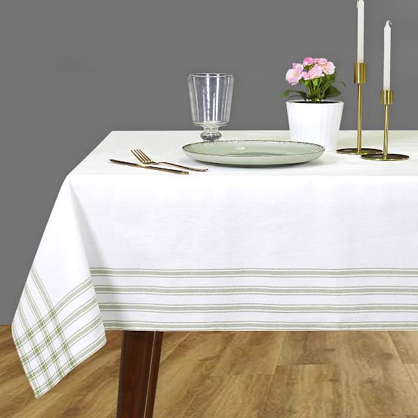 White with Sage Striped Border Tablecloth, 60x84