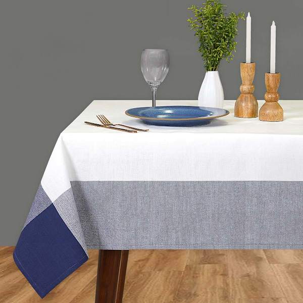 White with Navy Blue Border Tablecloth, 60x104