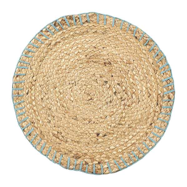 15In Natural Briaded Round Placemat With Blue Stitch