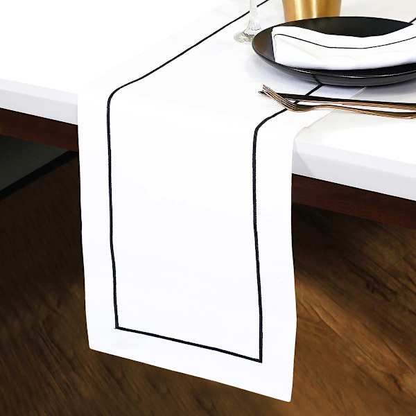 Black Embroidered White Table Runner, 72x14