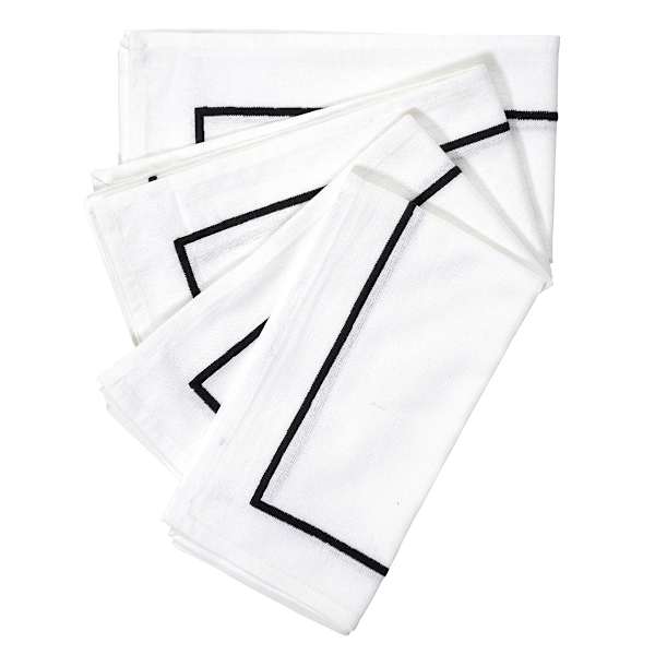 Set of 4 Black Embroidered White Napkins, 20"