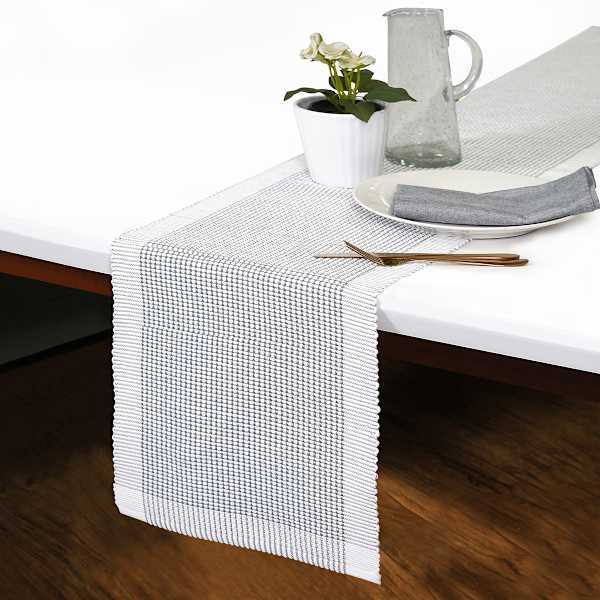 Grey & White with White Border Woven Table Runner, 72x13