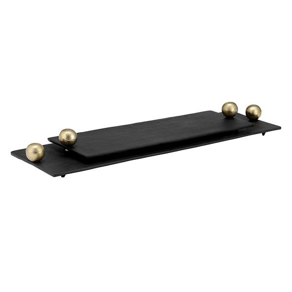 18In Flat Black Metal Tray With Gold Knob Handles