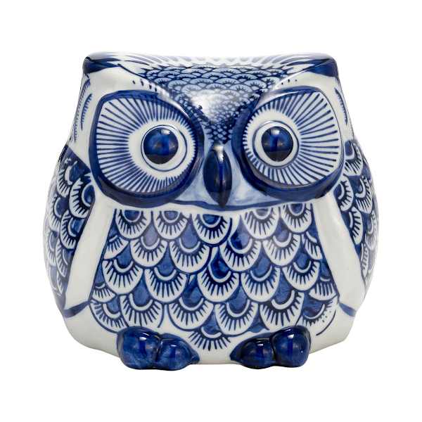 Blue & White Chinoiserie Ceramic Owl, 5"