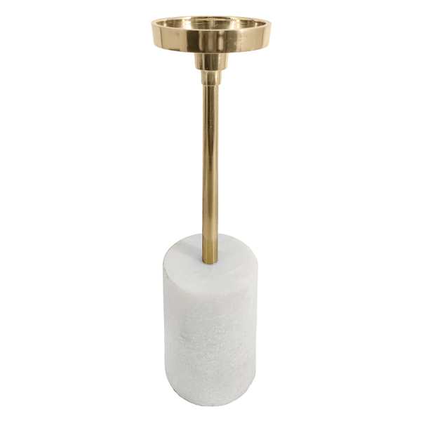 Crosby St. Long Stem Gold Pillar Candle Holder With Marble Cylinder Base, 12.5"