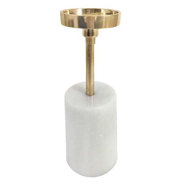 Crosby St. Long Stem Gold Pillar Candle Holder With Marble Cylinder Base, 9.5"