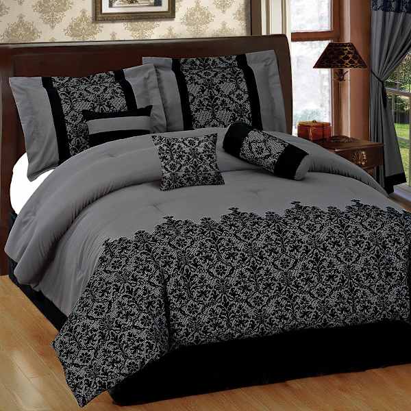 7-Piece Grey Deluxe Flocked Lace Premium Comforter Set, Queen
