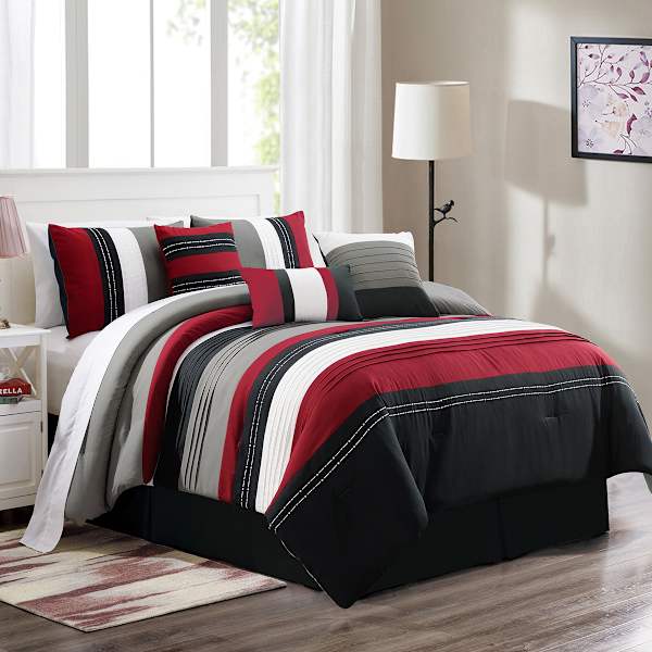 7-Piece Red & Black Embroidered Pintuck Premium Comforter Set, King