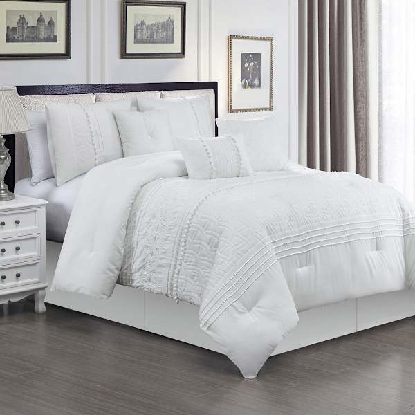 7-Piece White Embroidered Premium Comforter Set, King
