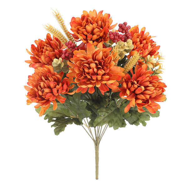 Orange Mum, Berry & Wheat Floral Bush, 19"
