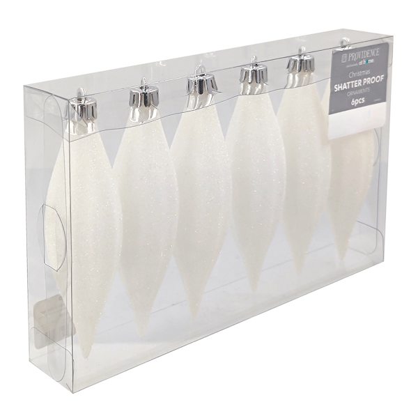 Silver 6-Count White Glittered Shatterproof Drop Ornaments, 5.5"