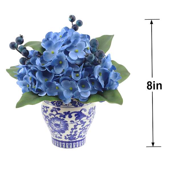 Blue Hydrangea & Berry in Blue & White Vase, 8"