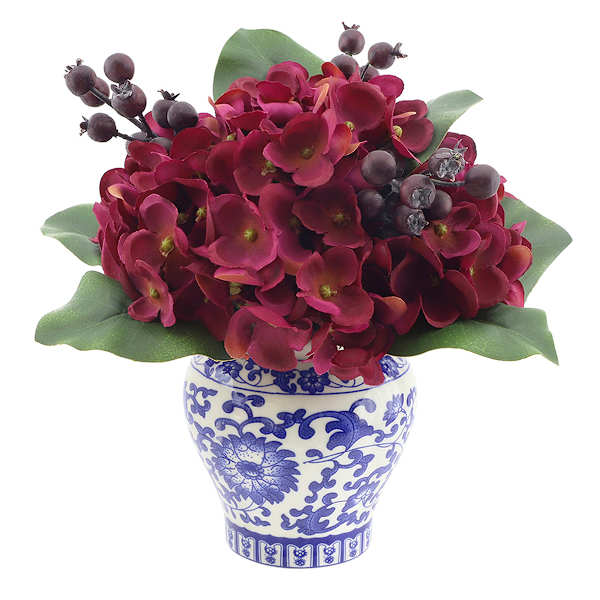 Red Hydrangea & Berry in Blue & White Vase, 8"