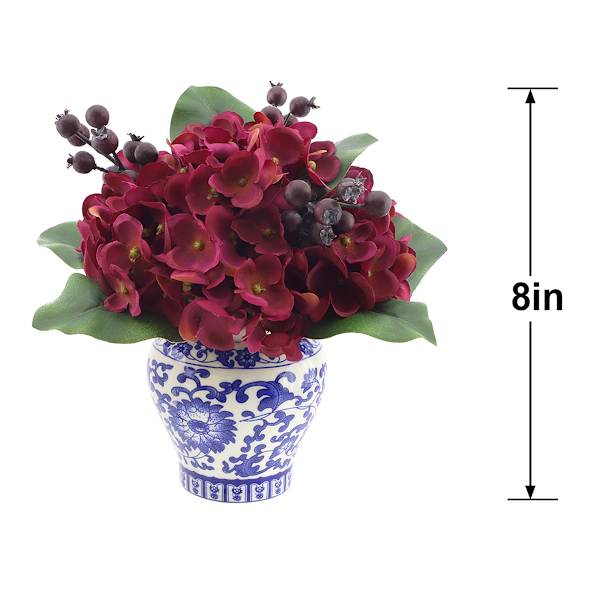 Red Hydrangea & Berry in Blue & White Vase, 8"