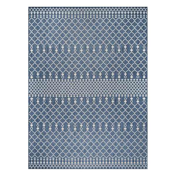 (E528) Navy Blue Moroccan Outdoor Area Rug, 5x7