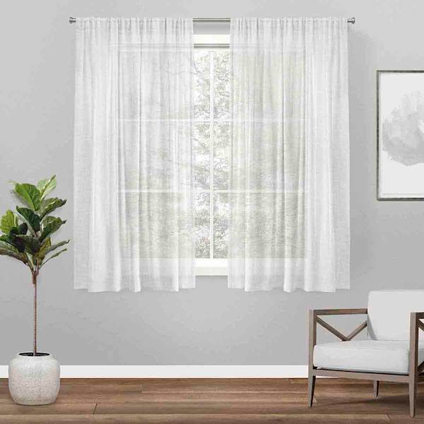 Belgian White Linen Rod Pocket Sheer Grommet Curtain Panel, 63"