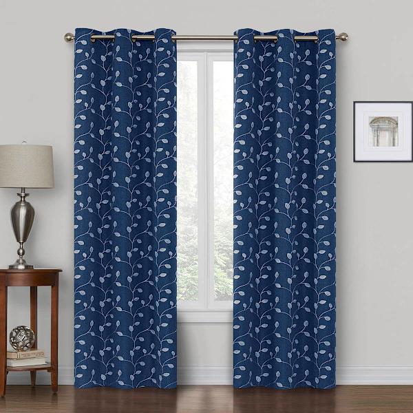 Rockwell Navy Embroidered Blackout Grommet Curtain Panel, 84"