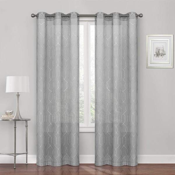 Cayman Grey Embroidered Sheer Grommet Curtain Panel, 84"