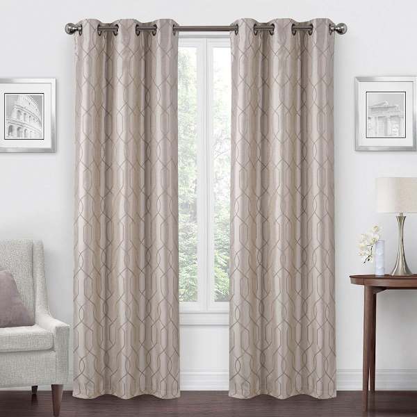 Ivory Linen Faux Silk Embroidered Blackout Grommet Curtain Panel, 84"