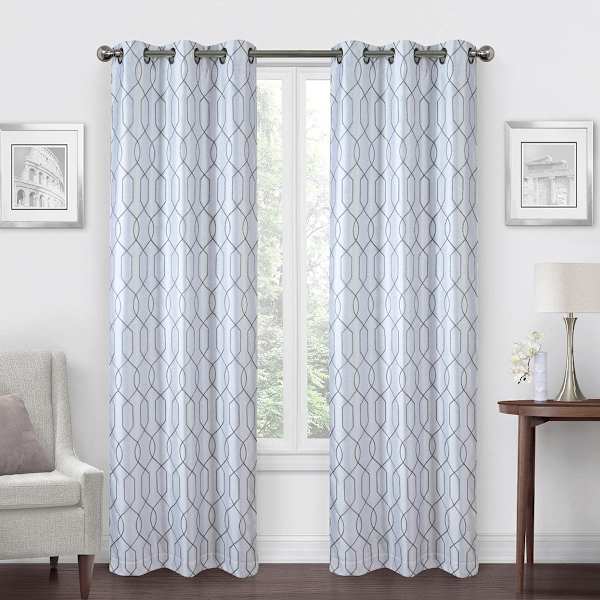 White & Grey Silk Embroidered Blackout Grommet Curtain Panel, 84"