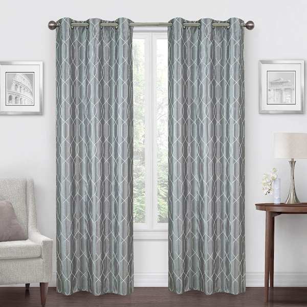 White & Grey Faux Silk Embroidered Blackout Grommet Curtain Panel, 84"