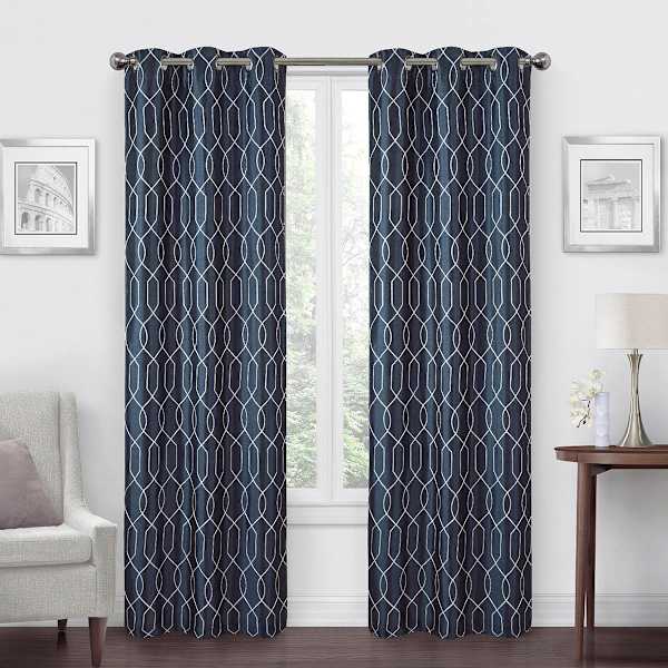 Navy Faux Silk Embroidered Blackout Grommet Curtain Panel, 84"