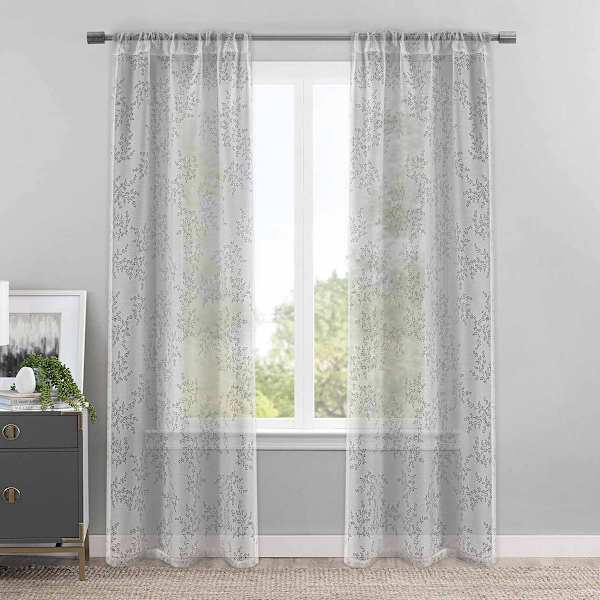Providence Grey Botanical Leaf Burnout Sheer Curtain Panel, 84"