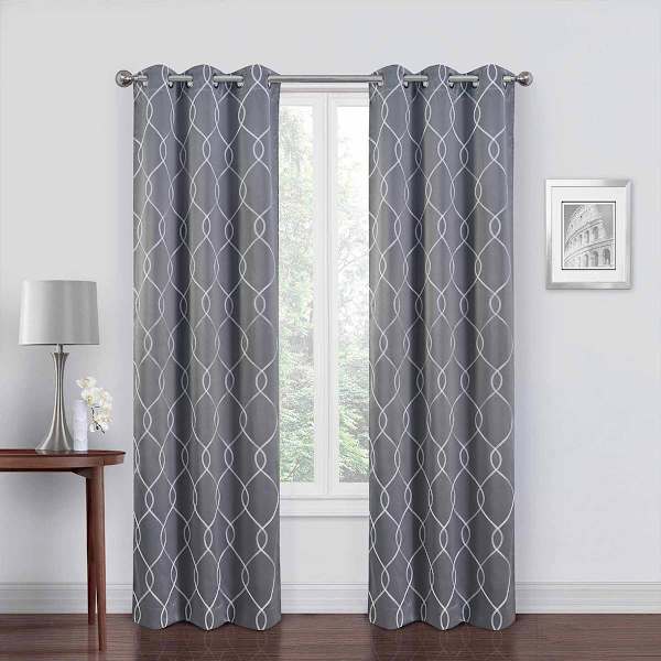 Grey & White Embroidered Blackout Grommet Curtain Panel, 63"