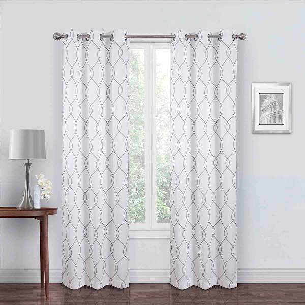 White & Grey Embroidered Blackout Grommet Curtain Panel, 95"