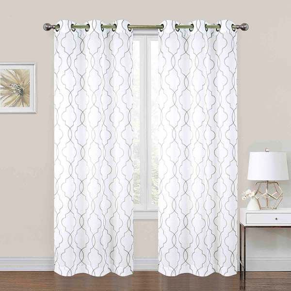 2-Pack White & Grey Embroidered Metallic Geo Grommet Curtain Panels, 63"