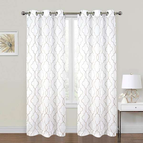 2-Pack White & Linen Embroidered Metallic Geo Grommet Curtain Panels, 63"