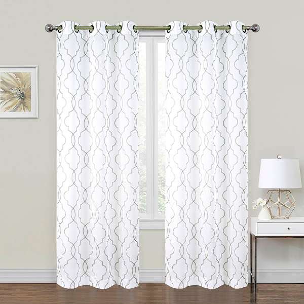 2-Pack White & Grey Metallic Embroidered Geo Grommet Curtain Panels, 84"