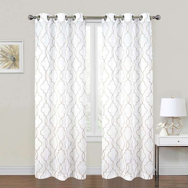 2-Pack White & Linen Metallic Embroidered Geo Grommet Curtain Panels, 84"