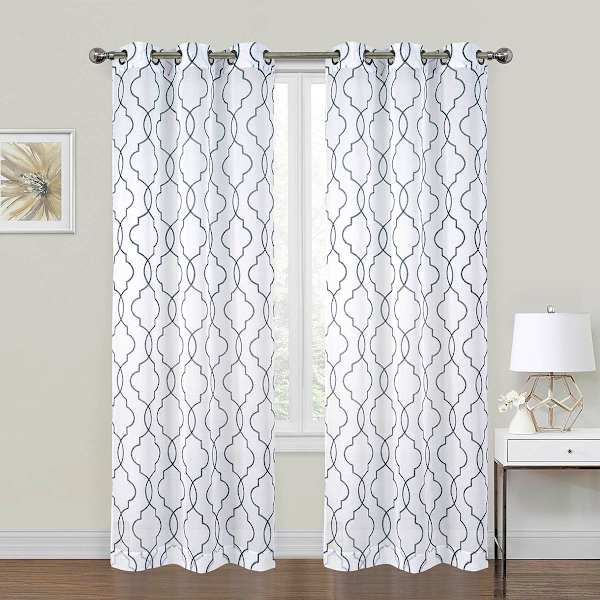 2-Pack White & Navy Metallic Embroidered Geo Grommet Curtain Panels, 84"