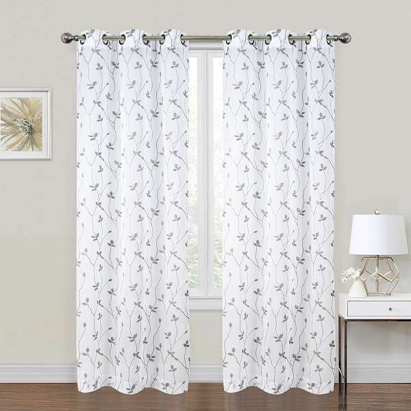 2-Pack White & Grey Embroidered Leaf Sheer Grommet Curtain Panels, 84"