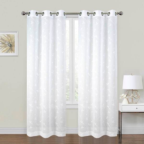 2-Pack White Embroidered Leaf Sheer Grommet Curtain Panels, 84"