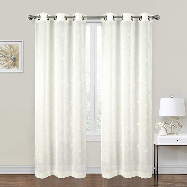 2-Pack Ivory Embroidered Leaf Sheer Grommet Curtain Panels, 84"