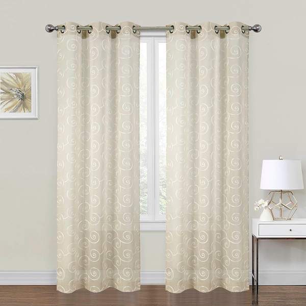 2-Pack Natural Embroidered Scroll Grommet Curtain Panels, 84"