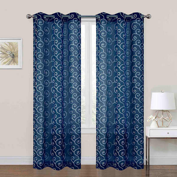 2-Pack Navy Blue Embroidered Scroll Grommet Curtain Panels, 84"