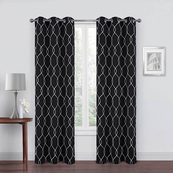 2-Pack Black Embroidered Blackout Grommet Curtain Panels, 84"