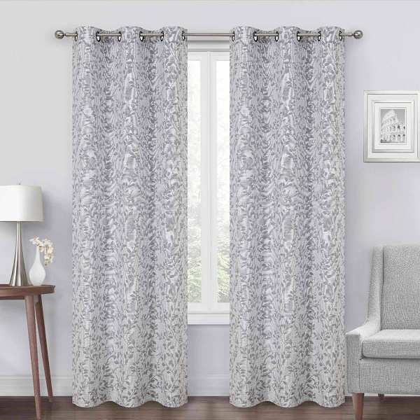 Grey Celia Leaf Jacquard Light Filtering Grommet Curtain Panel, 84"