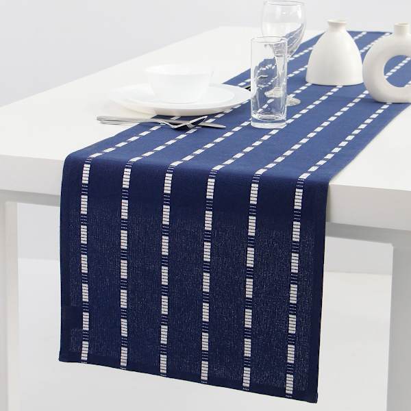 Navy Blue Dobby Table Runner with White Tick Stripes, 14x72