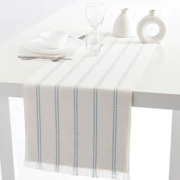 Ivory Woven Ribbed Table Runner with Cameo Blue Stripes & Fringe, 72x14